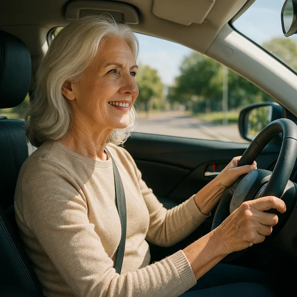 Senior woman with white hair smiling while driving a car on a sunny day