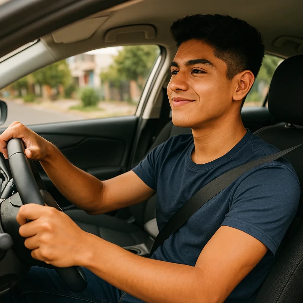 Young man smiling while driving a car, wearing seatbelt in driver's seat with residential neighborhood visible outside