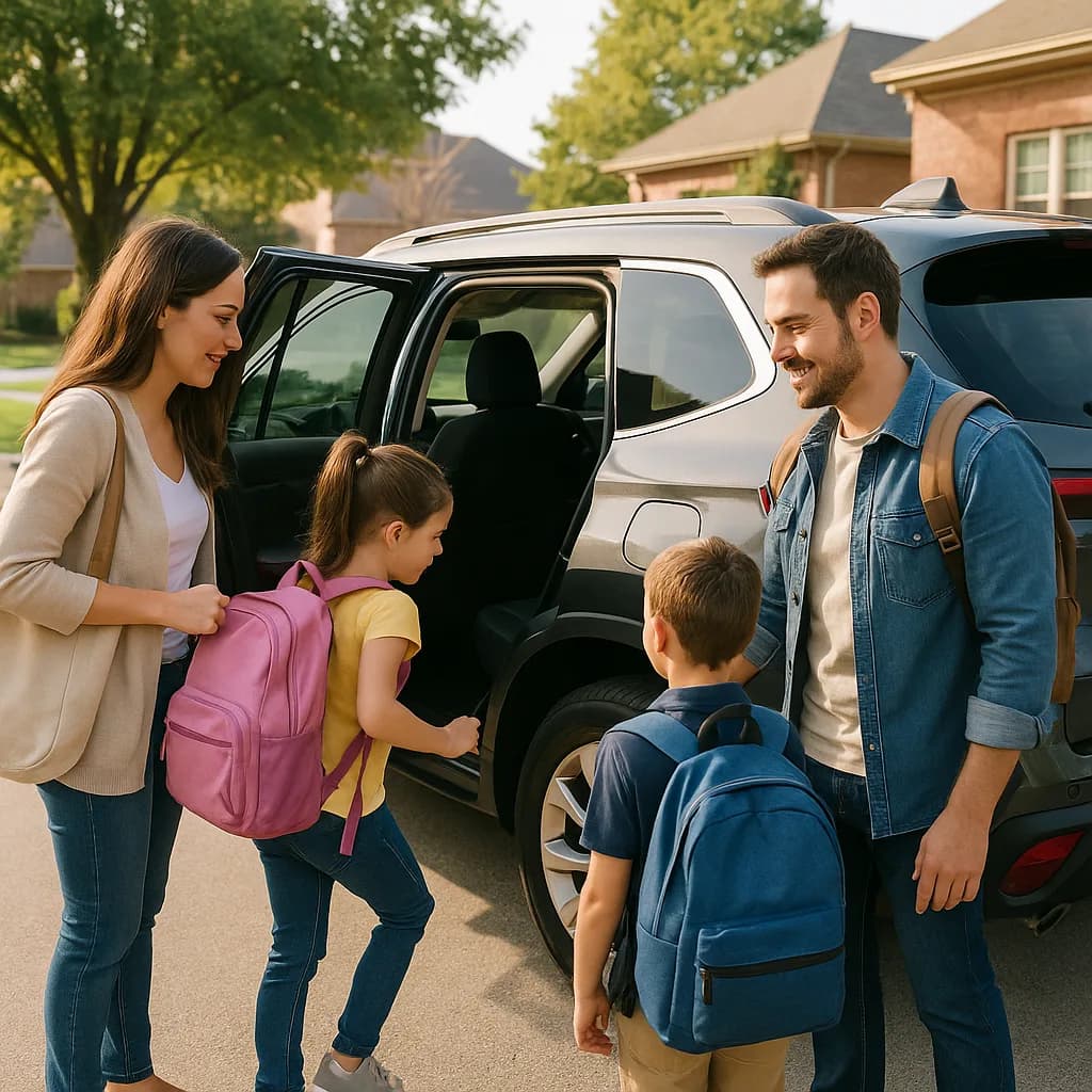 Family with children wearing backpacks getting into car for school in suburban neighborhood