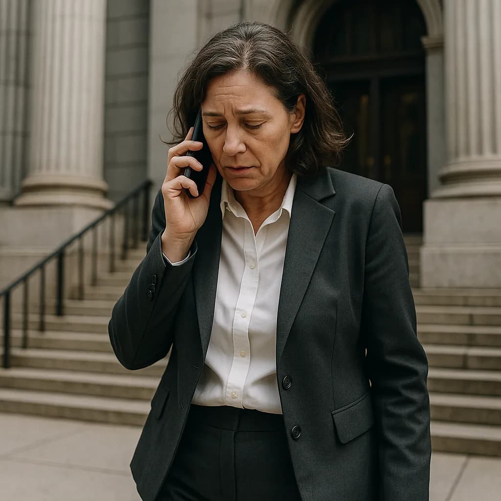 Professional woman in business suit talking on phone outside courthouse or government building