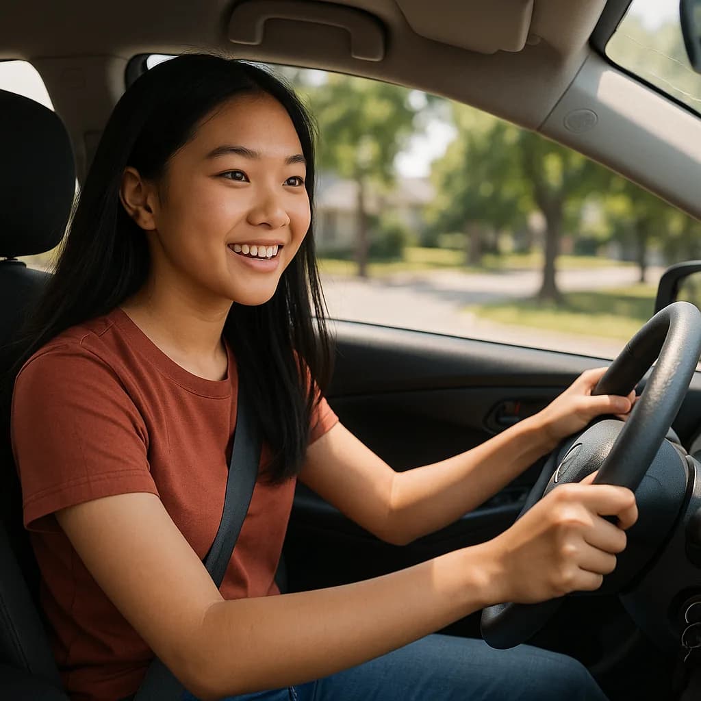 Young woman smiling while sitting in driver's seat of car with hands on steering wheel and residential area visible outside