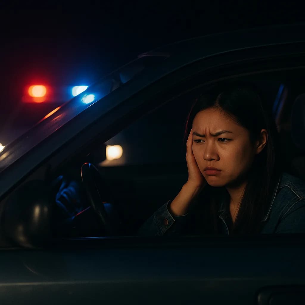 Woman looking worried in car with police lights visible behind her at night
