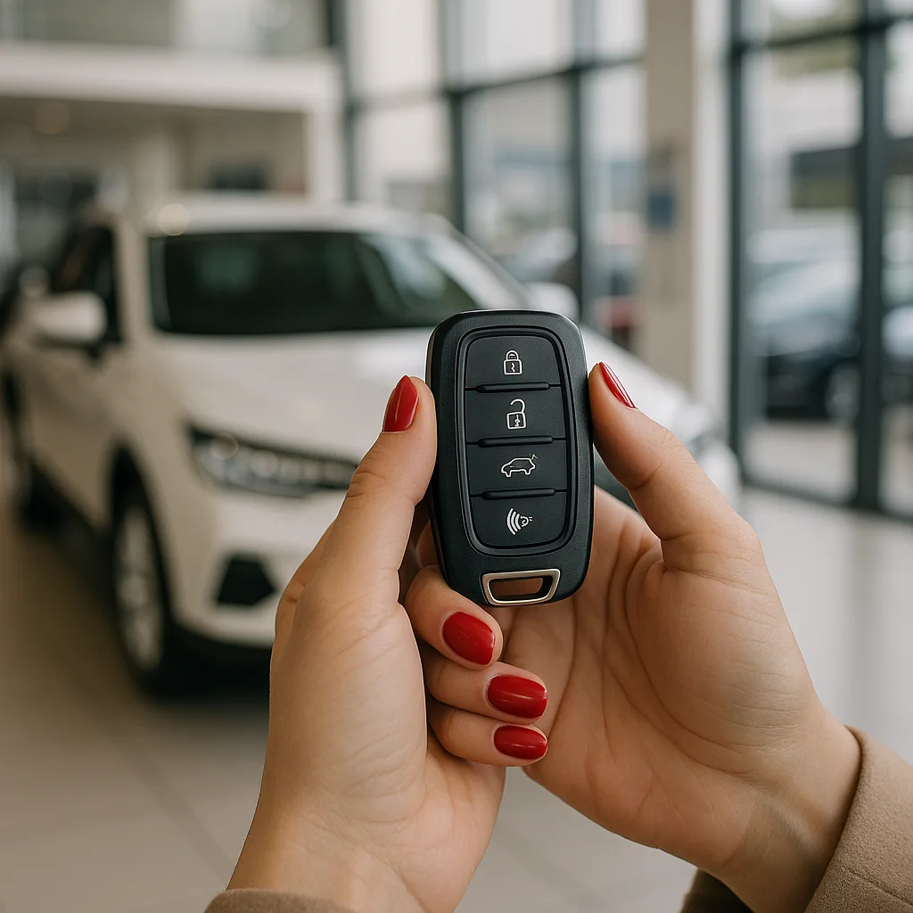 Woman holding black car key fob with red nail polish in dealership showroom with white car in background