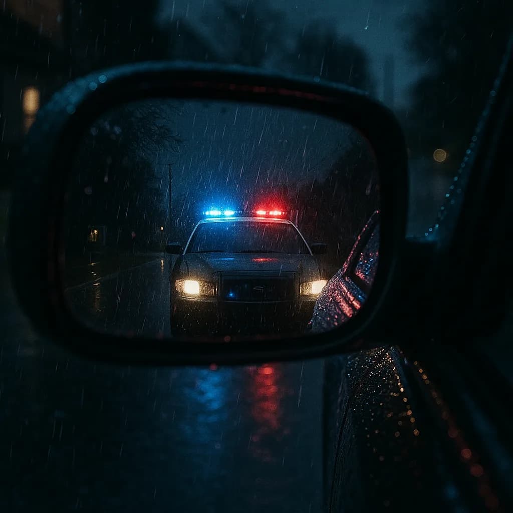 Police car with flashing lights visible in rain-covered side mirror at night