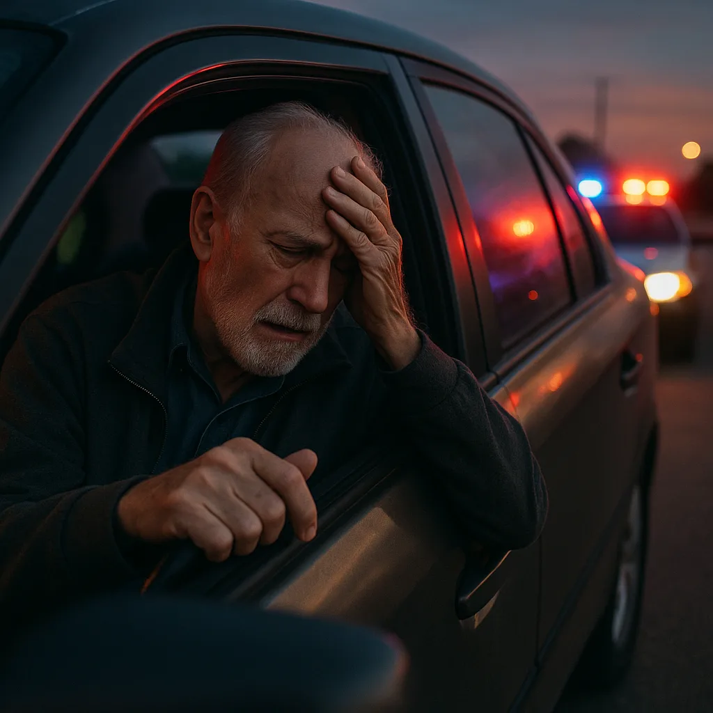 Stressed older man in car with hand on forehead, emergency lights visible in background at dusk