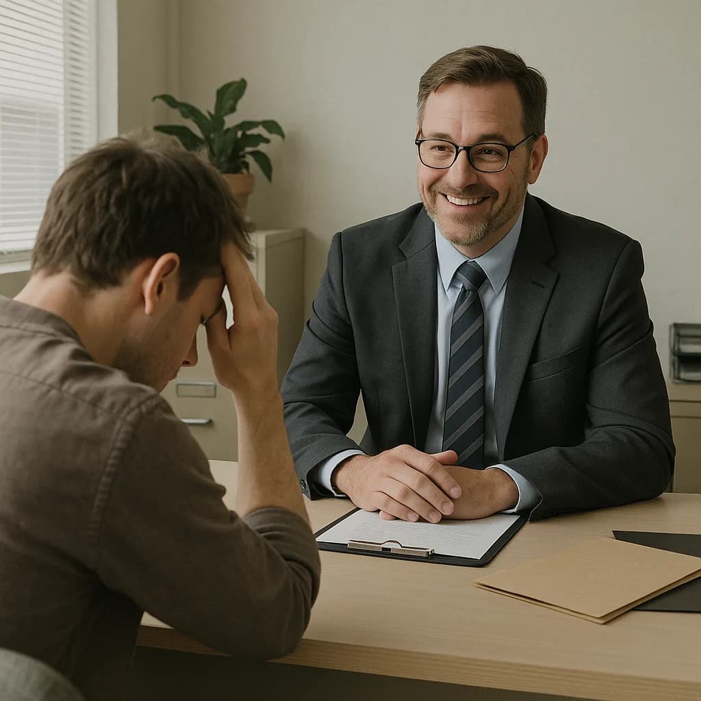 Professional counselor meeting with stressed client in office setting