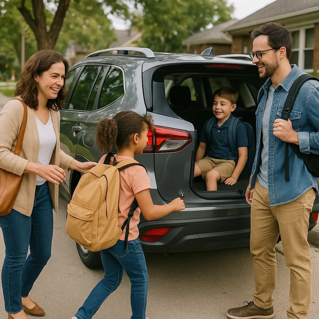 Happy family with children and backpacks preparing to leave for school by their SUV in driveway