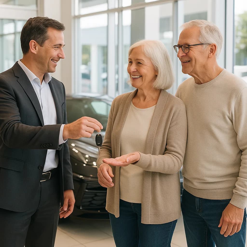 Salesman giving car keys to smiling senior couple in dealership showroom