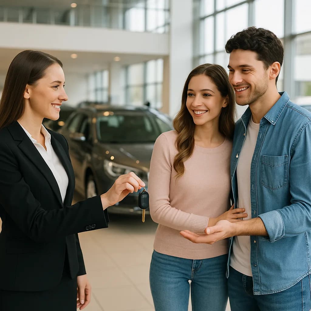 Car saleswoman handing keys to happy couple at dealership showroom