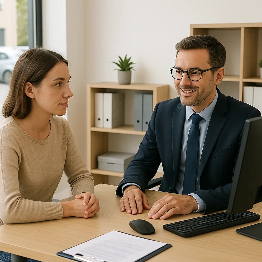 Professional business meeting between woman and suited advisor at office desk