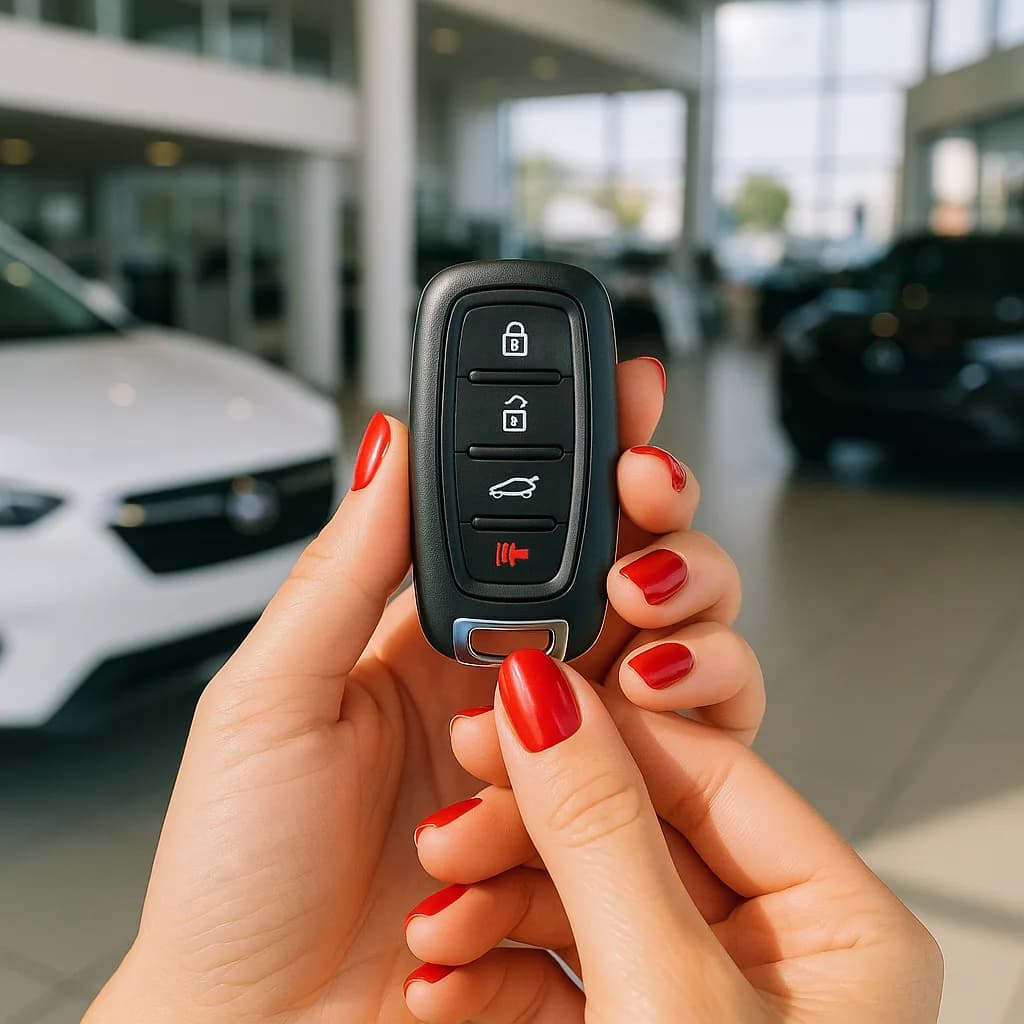 Hand with red nails holding black car key fob in dealership showroom with white car in background