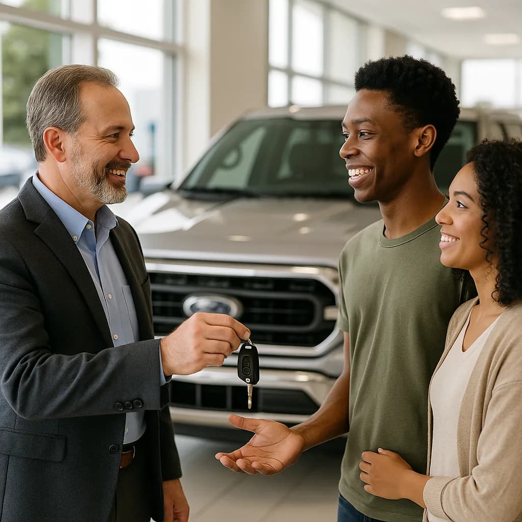 Car salesman handing keys to smiling couple in dealership showroom