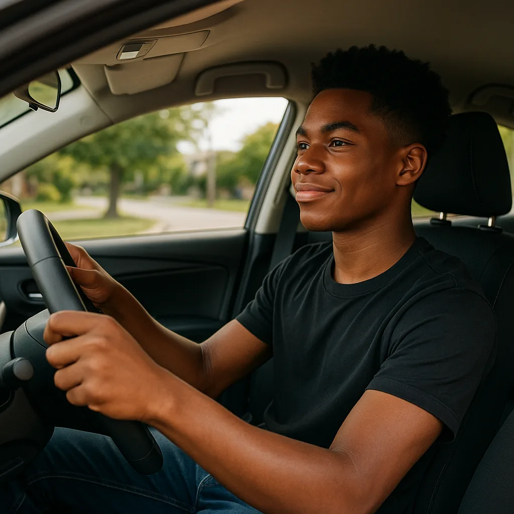 Young man smiling while driving a car on a tree-lined suburban street