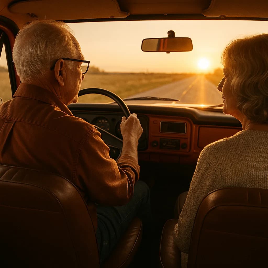 Elderly couple driving together at sunset on an open road, viewed from behind in warm golden light