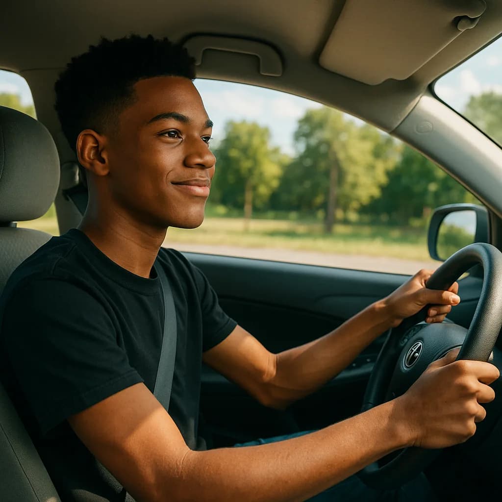 Young man smiling while driving a car on a sunny day with trees visible through the windshield