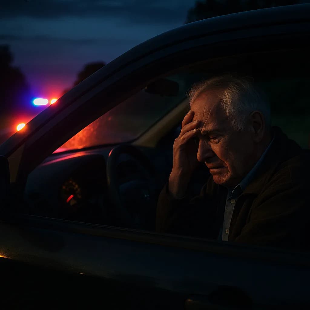 Distressed elderly man in car at night with police lights flashing in background