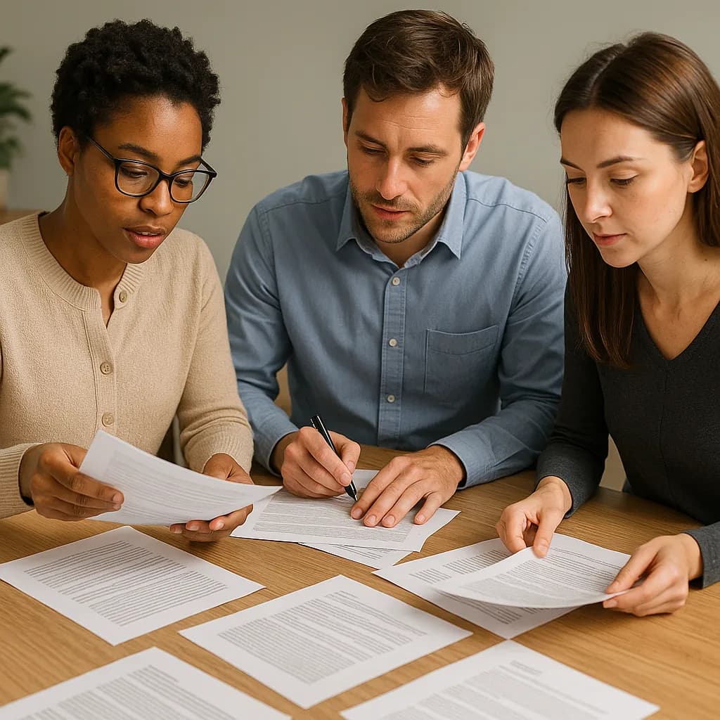 Three business professionals reviewing and signing documents together at a wooden table in an office setting