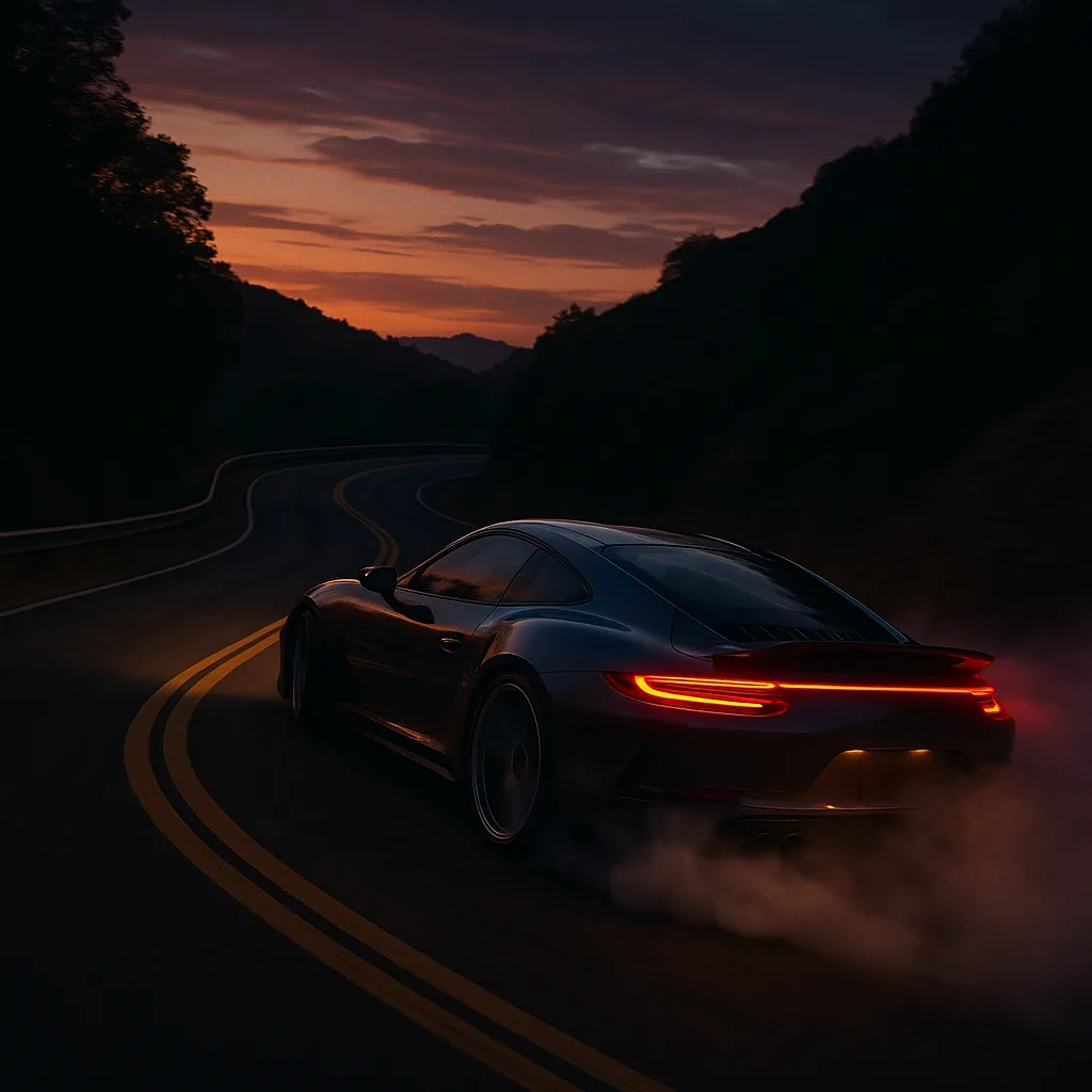 Black Porsche sports car with glowing red taillights driving on winding mountain road at sunset