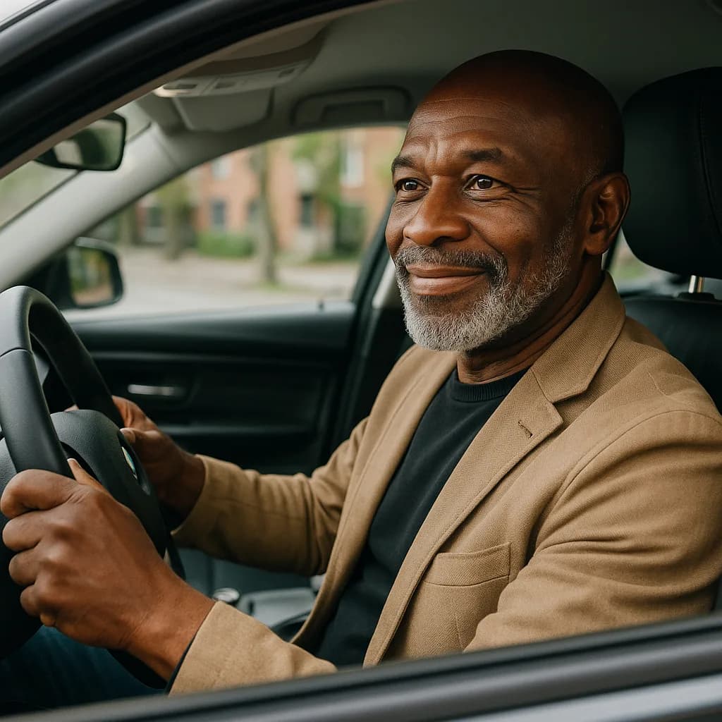 Smiling middle-aged Black man with beard sitting in driver's seat wearing tan blazer