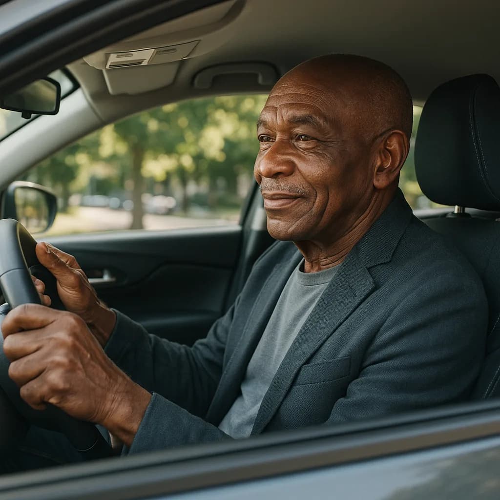 Senior man in business casual attire sitting in car driver's seat smiling at camera