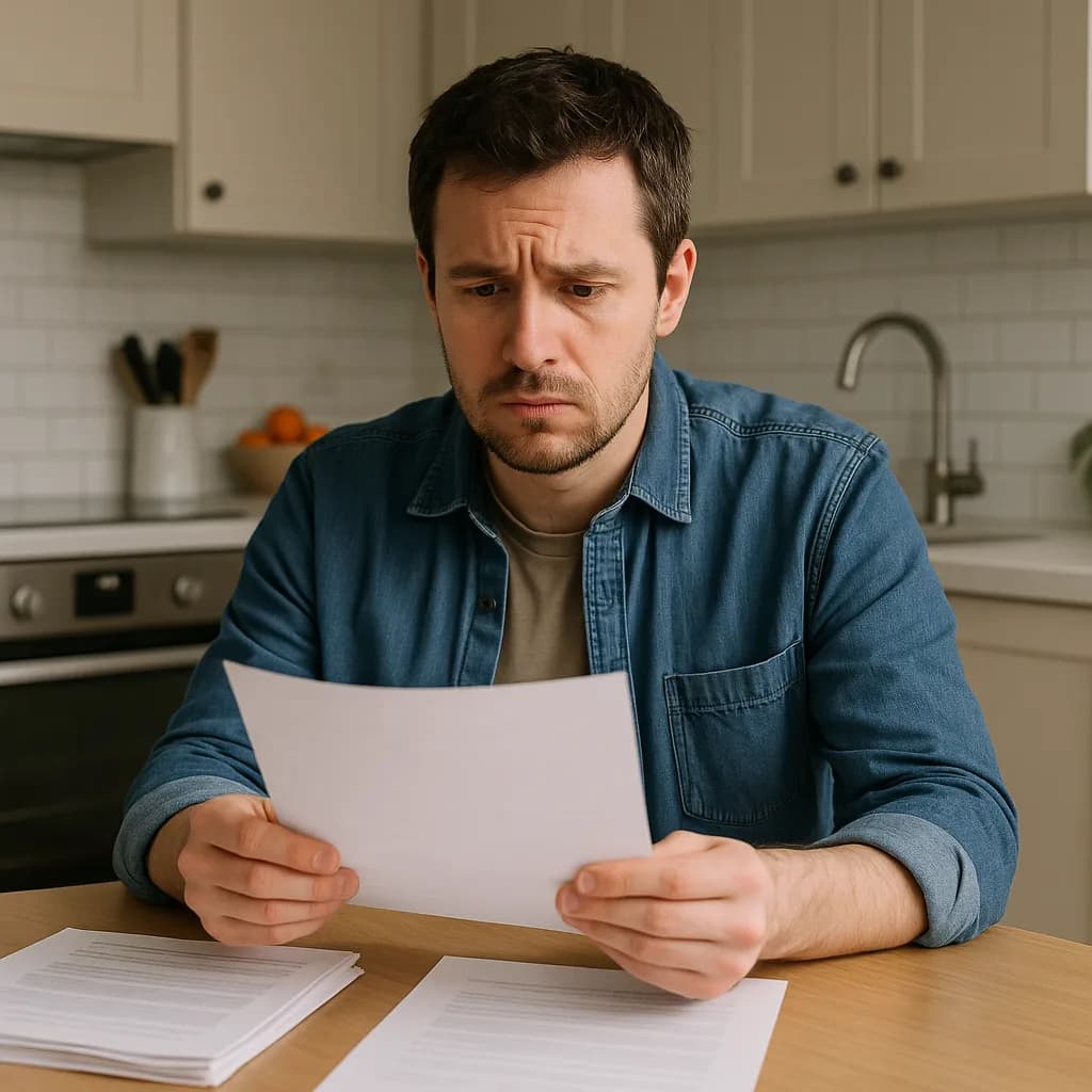 Man looking worried while reading financial documents at kitchen table