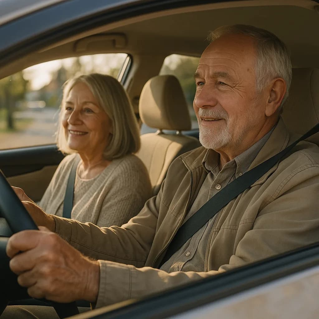Senior couple smiling together while driving in car during golden hour