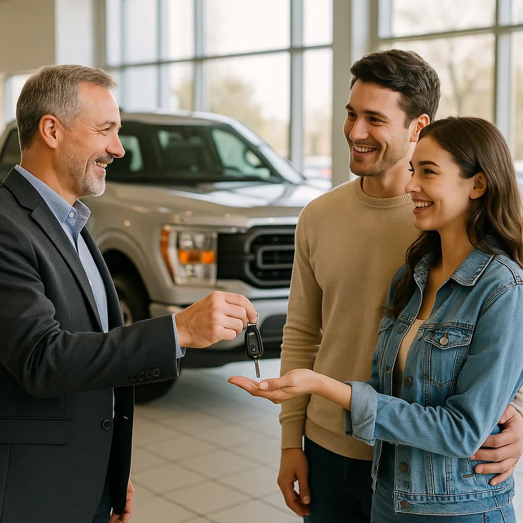 Car salesman handing keys to smiling couple in dealership showroom