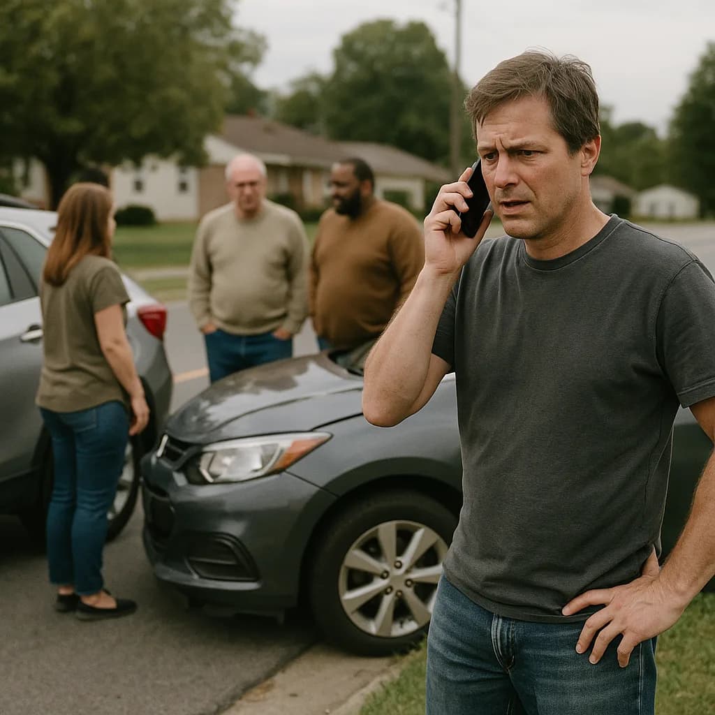 Man on phone call at car accident scene with damaged vehicle and bystanders in suburban neighborhood