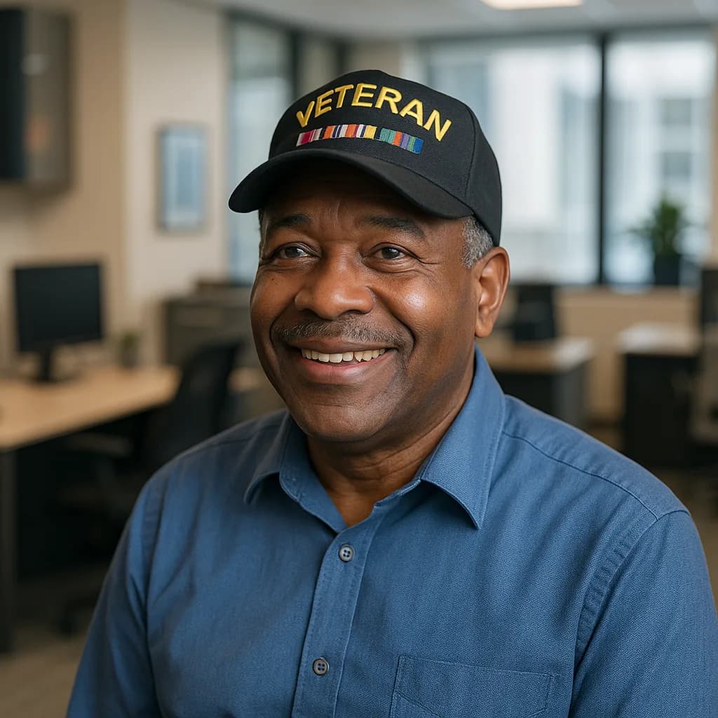 Smiling veteran wearing military cap in office setting