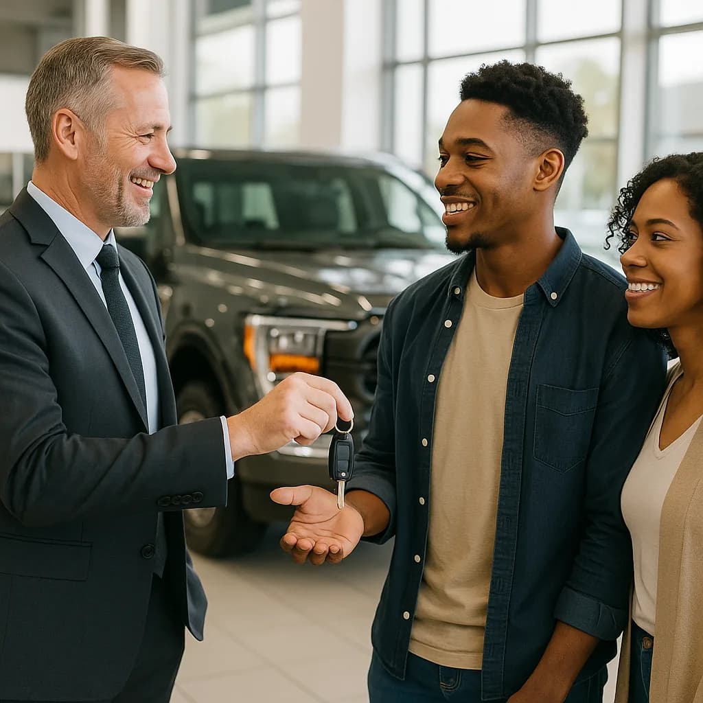 Car salesman handing keys to happy couple at dealership showroom