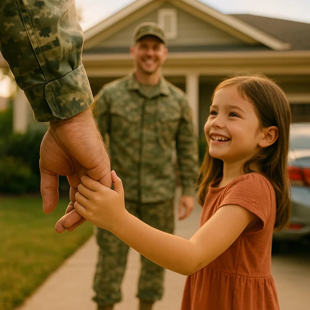 Young girl holding hands with military parent during homecoming reunion outside family home