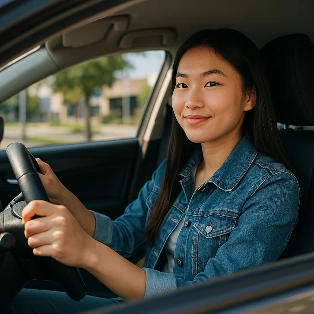 Young woman in denim jacket smiling while sitting in driver's seat of car