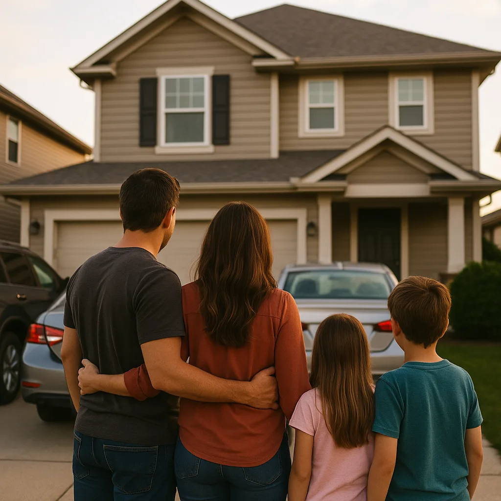 Family of four standing in driveway looking at their suburban two-story home during golden hour