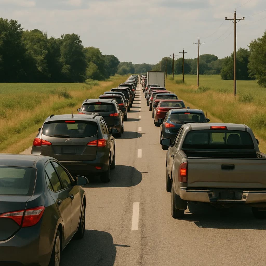 Heavy traffic jam on rural highway with cars lined up in both lanes through farmland