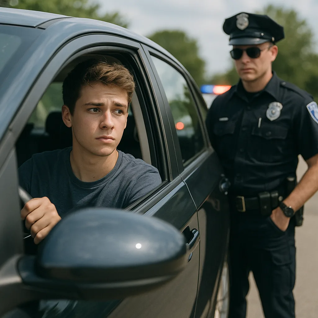 Young driver looking worried during traffic stop with police officer standing beside car window