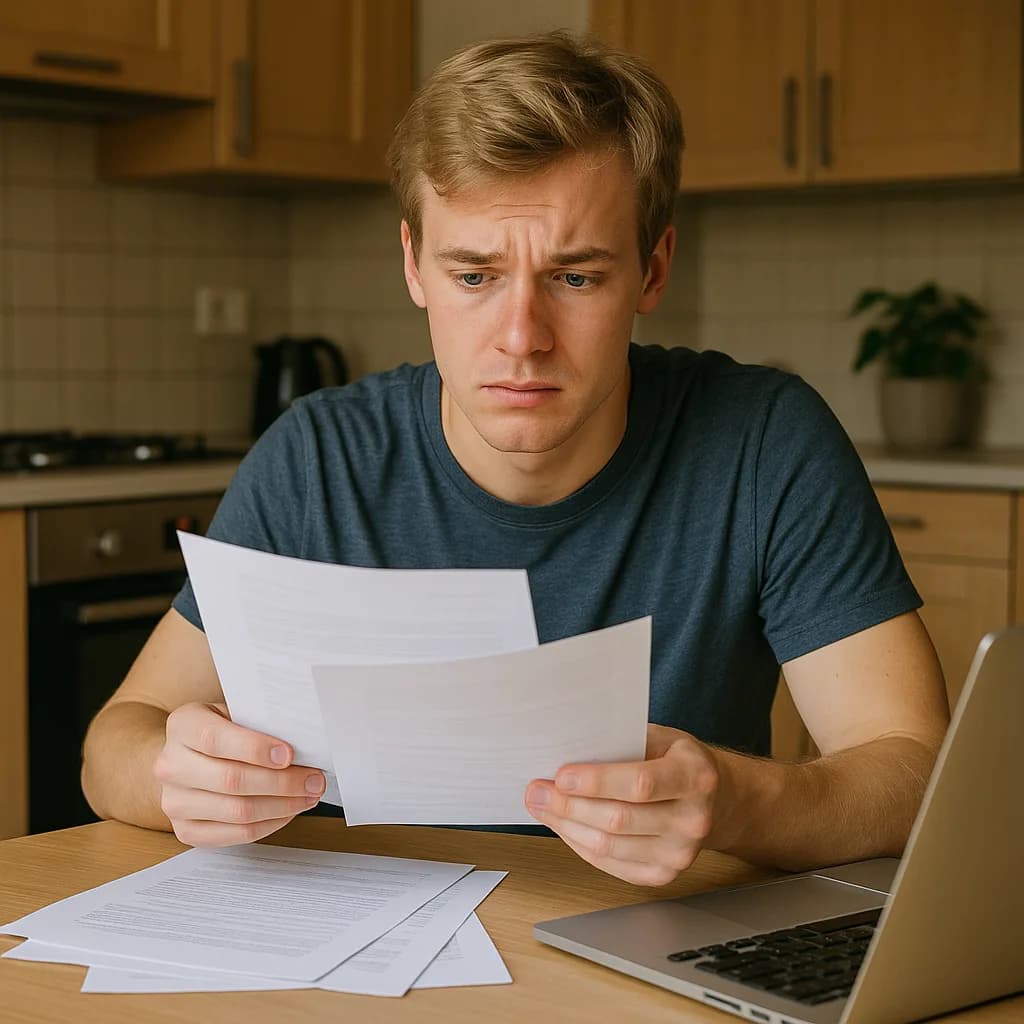 Concerned young man reviewing financial documents at kitchen table with laptop
