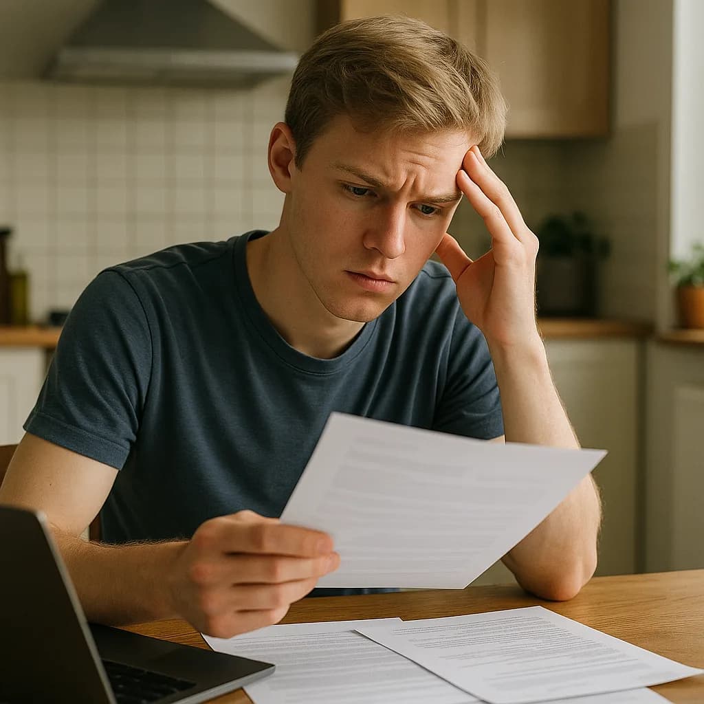 Stressed young man reviewing documents at kitchen table with laptop, hand on forehead showing concern
