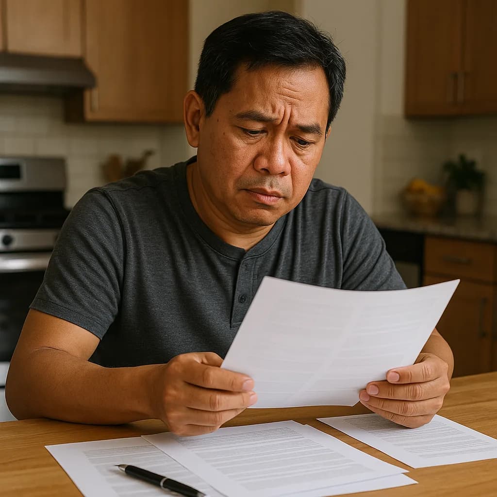 Man reviewing financial documents with concerned expression at kitchen table