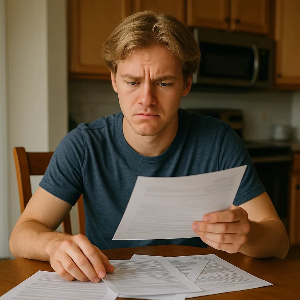 Concerned young man reviewing financial documents at kitchen table