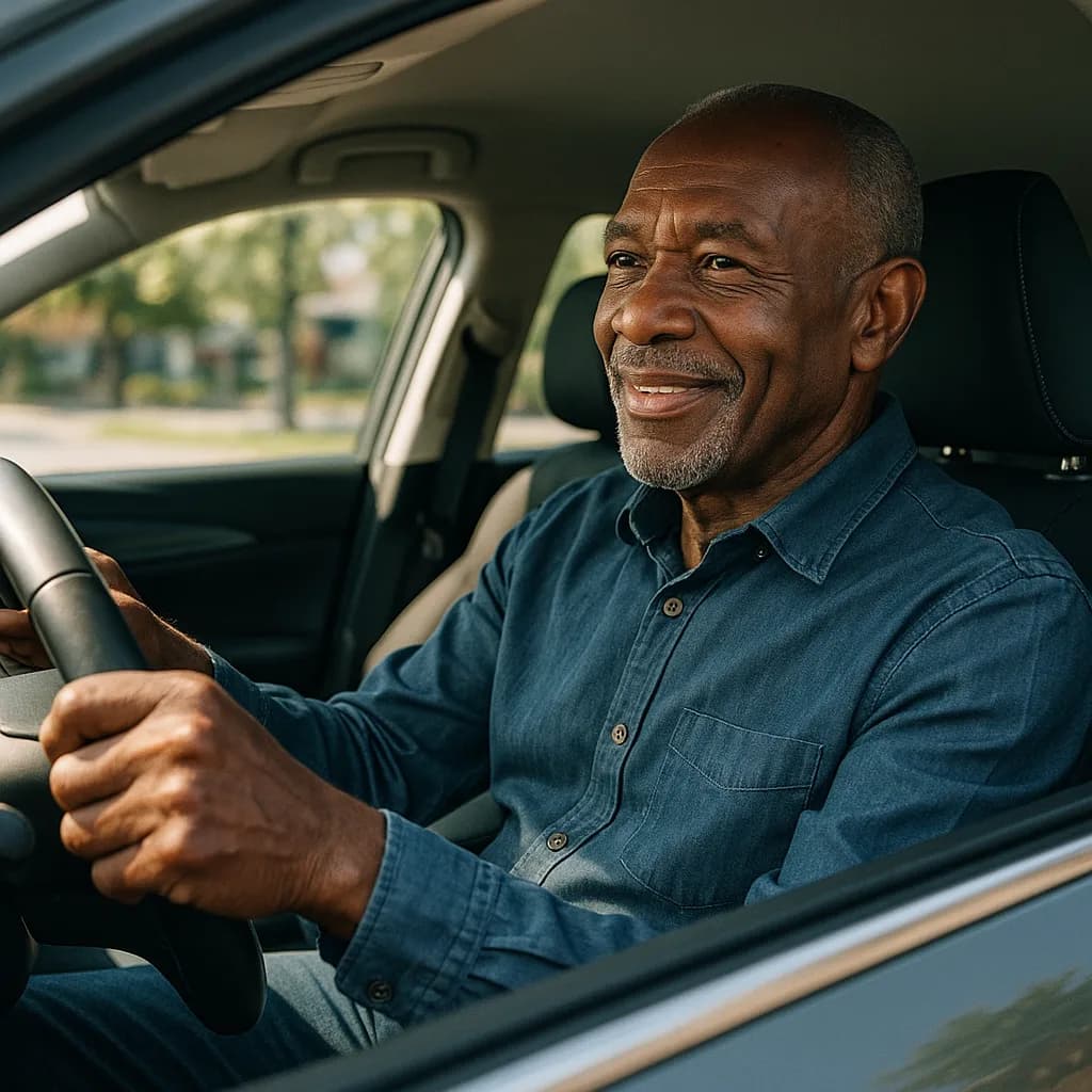 Smiling mature man with gray beard wearing blue denim shirt sitting in driver's seat of car