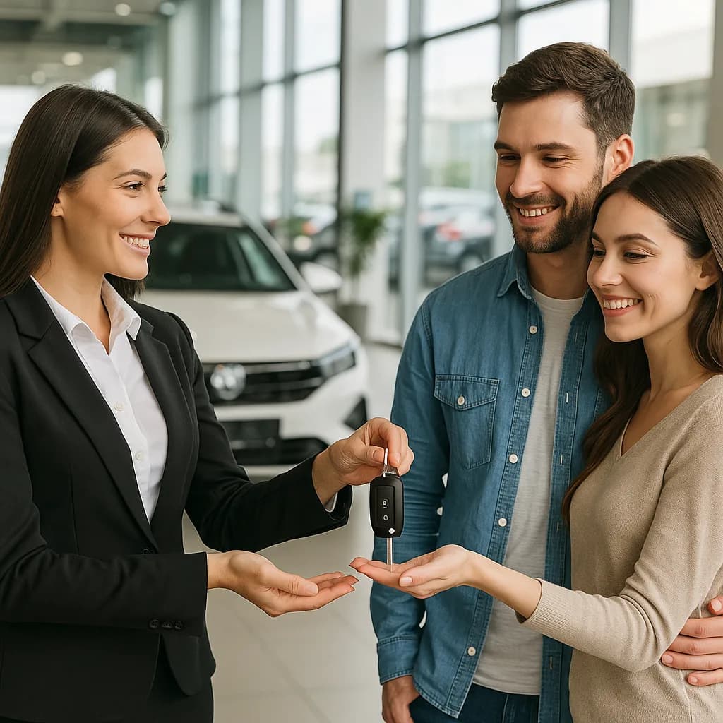 Car salesperson handing keys to happy couple in modern auto dealership showroom