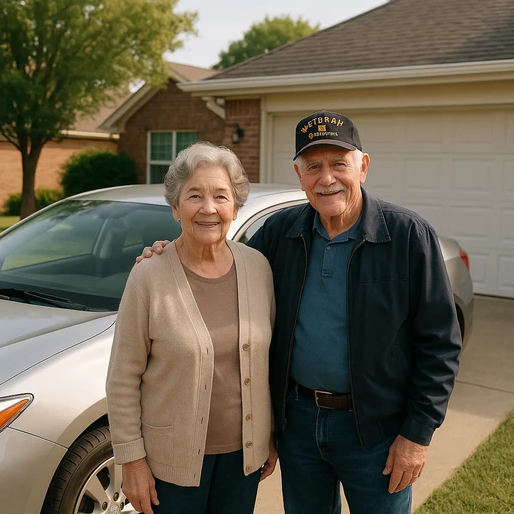 Elderly couple standing in driveway in front of suburban home with car and garage