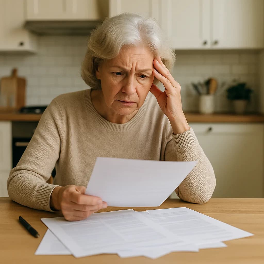 Concerned elderly woman reviewing financial documents at kitchen table looking stressed