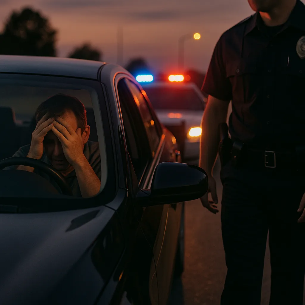 Driver with head in hands during police traffic stop at sunset with emergency lights in background