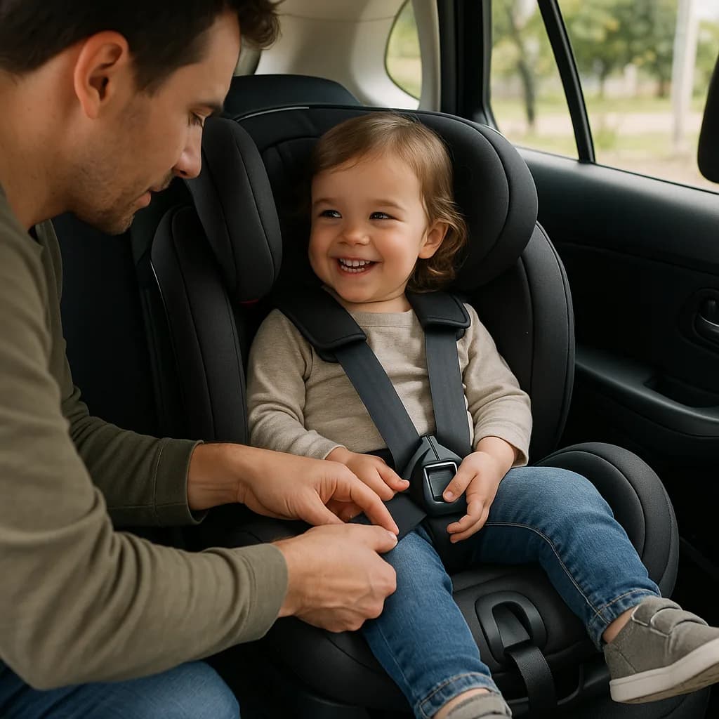 Father buckling smiling toddler into car seat with safety harness in vehicle