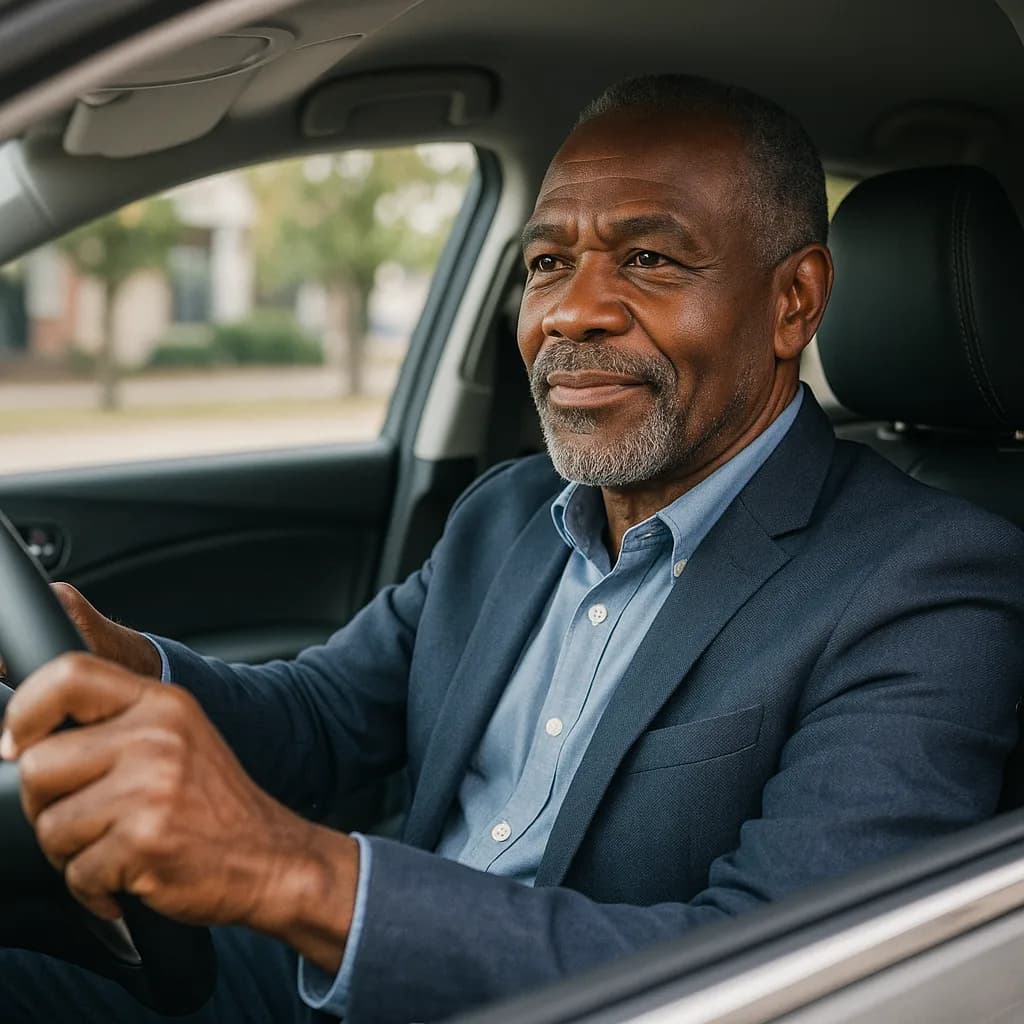 Mature African American businessman in navy blazer sitting in driver's seat of car looking forward confidently