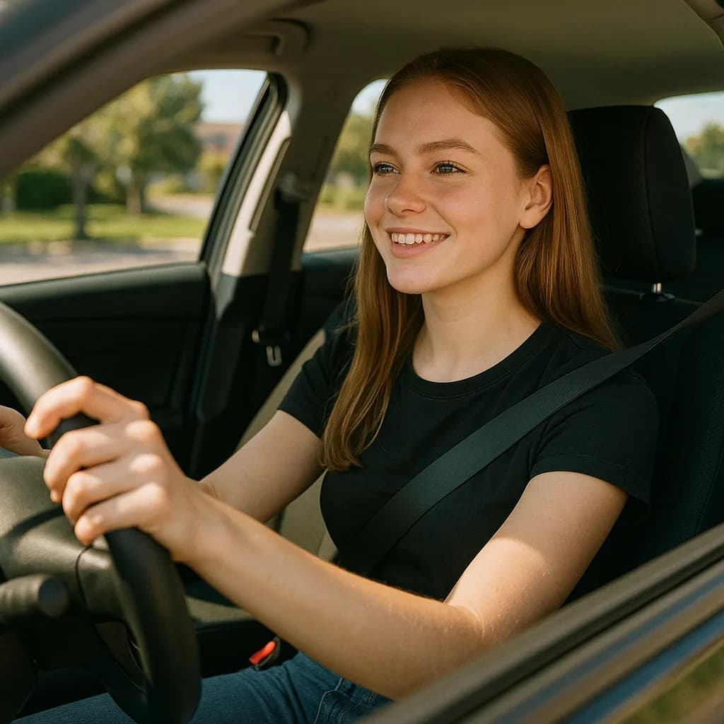 Happy young woman smiling while sitting in driver's seat of car wearing seatbelt