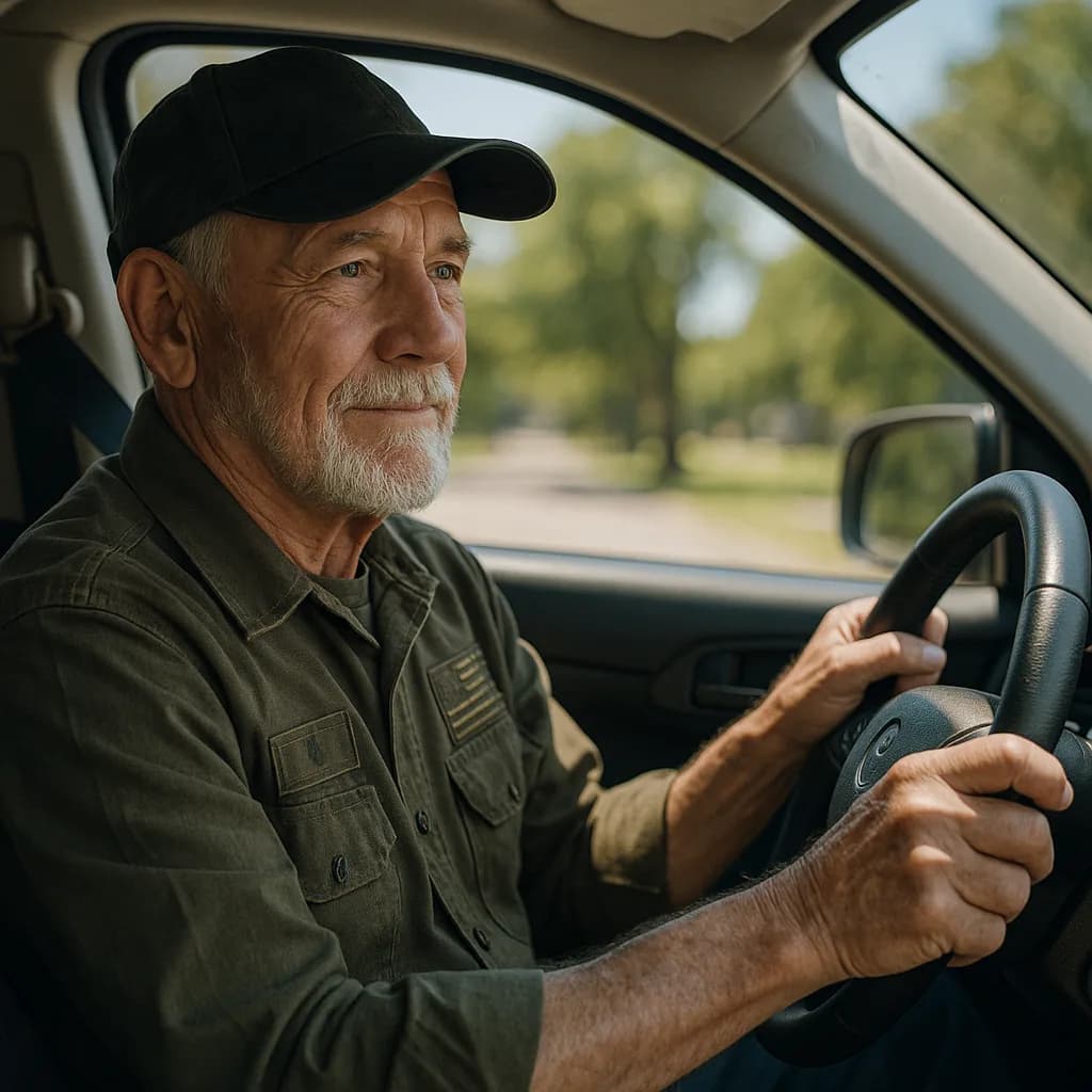 Older man with beard and cap driving a car, hands on steering wheel, smiling at camera