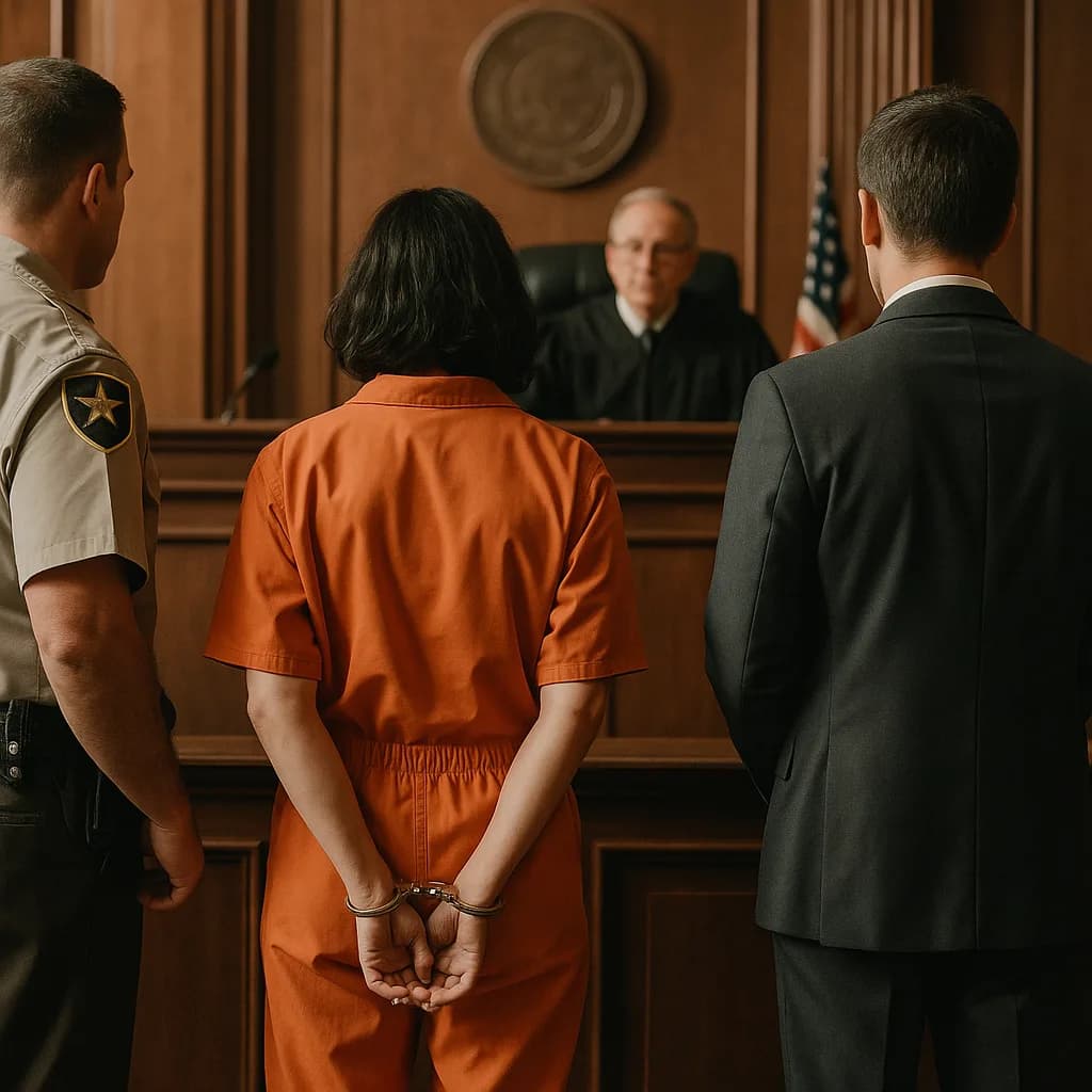 Defendant in orange jumpsuit with handcuffs standing before judge in courtroom with officer and attorney