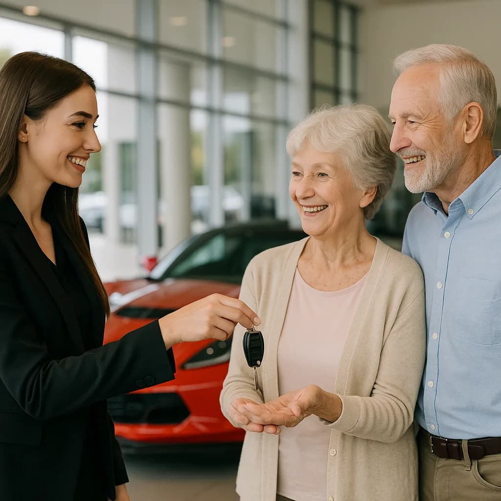 Car salesperson handing keys to happy senior couple in dealership showroom